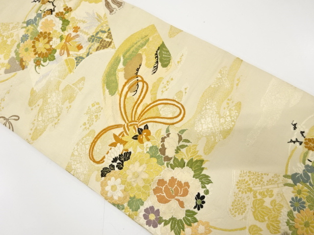 アンティーク　花薬玉に読み本・花束模様織り出し丸帯（材料）